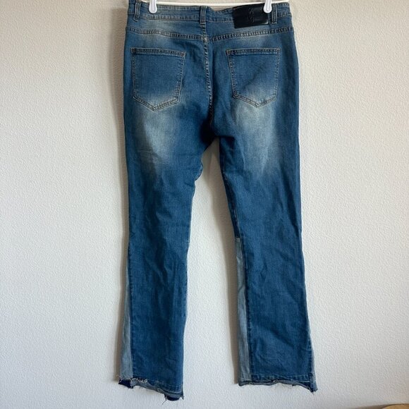 Blue Denim Patchwork Stretch Jeans Slim Fit Flared Pants - Picture 3 of 7